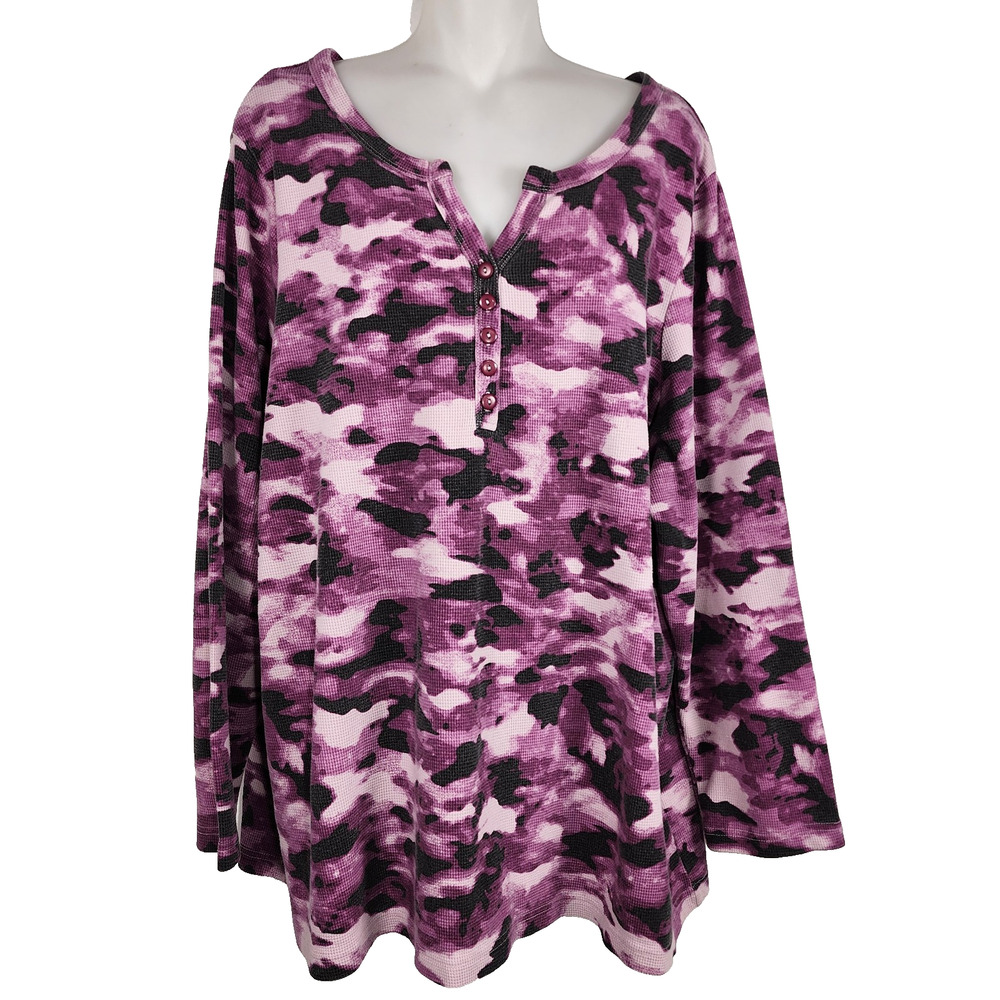 Roaman's Woman Camo Henley Shirt 1X Waffle Knit Long Sleeve V Neck Boysenberry
